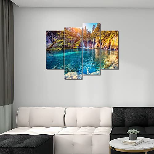 My Easy Art- Mountain Wall Art Decor Clean Water In The Lake Waterfall Trees And Forest In The Park Canvas Pictures Artwork Landscape 4 Panel Painting Prints For Home Living Dining Room #TOP1