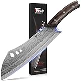 SYOKAMI Butcher Knife, 10 Inch Meat Cleaver Chef Knife with Herb Stripper, Japanese Style High Carbon Steel Kitchen Knife for Chopping & Slicing, Damascus Pattern Full Tang Wood Handle Ideal for Gift