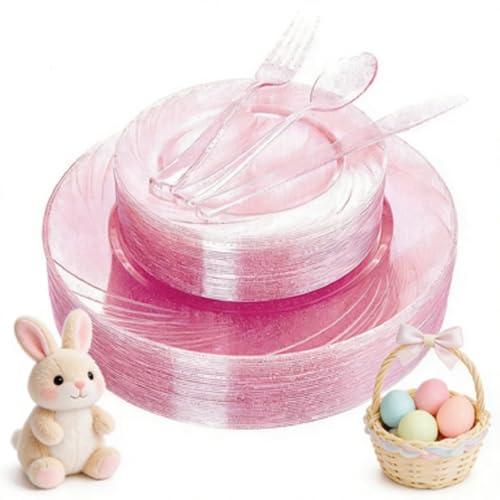 WDF Rose Gold Pink Plastic Plates with Pink Plastic Silverware include 40 Dinner & Salad Plates, 40Forks, 40 Knives, 40 Spoons for Party Baby Shower Wedding Spring Easter