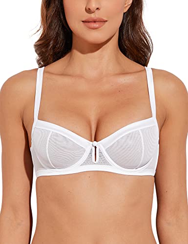 Deyllo Lace Underwire Balconette Bra Sheer Unlined Demi Non Padded Bra See Through(White,36B) #TOP24