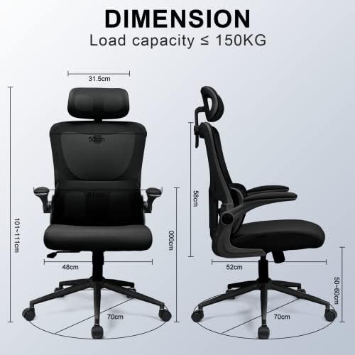 BASETBL Ergonomiczne krzesło biurowe z podparciem lędźwiowym i regulowanym zagłówkiem, krzesło biurowe ze składanymi podłokietnikami, z regulacją wysokości i funkcją przechylania się, do 150 kg