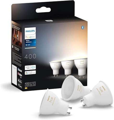 Philips Hue - Bombilla LED Inteligente, GU10, Luz Blanca de Cálida a Fría, 4.2W 400 lúmens, Compatible con Alexa y Google Home - Pack de 3 Bombillas LED inteligentes