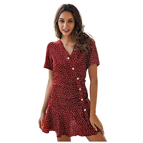 Preisvergleich Produktbild KIMODO V Ausschnitt Kleid Damen Knielang Träger Rückenfreies Schmetterling Blatt Lotusblatt Ärmel Frauen Nähen Blumendruck Spleißen Urlaub Sommerkleider Strandkleider (Rot, X-Small)