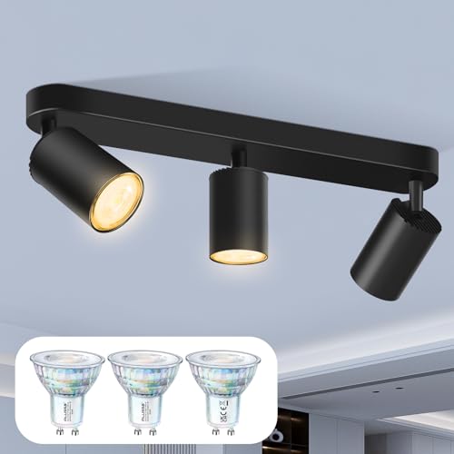 ALUSSO Foco LED de Techo 3 Luces, Foco de Pared GU10 Extraíble Orientable 350°, 5W 2700K Negro Spotlight para Sala, Dormitorio y Pasillo incl. Bombilla GU10