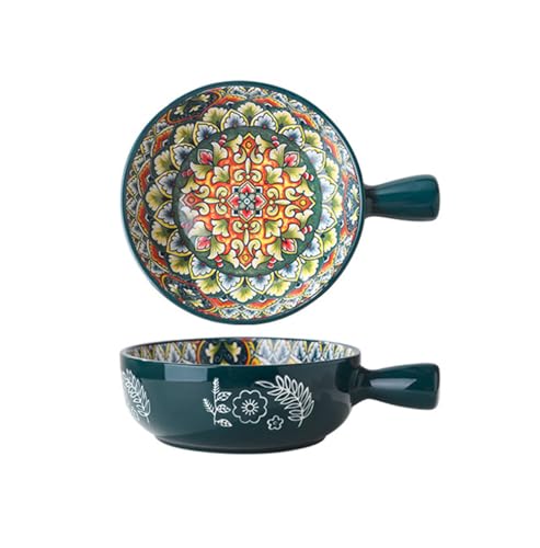 KKGUD 1 cuenco de cerámica pintado a mano con asa, ensaladera redonda, 6 pulgadas, patrón bohemio (verde)