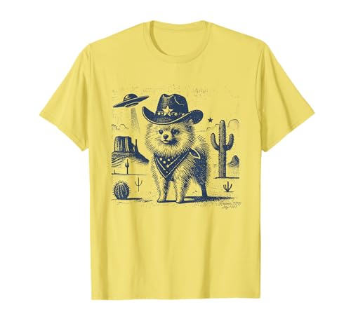 Pomeranian Cowboy Dog Vintage UFO Wild Western Desert Alien T-Shirt