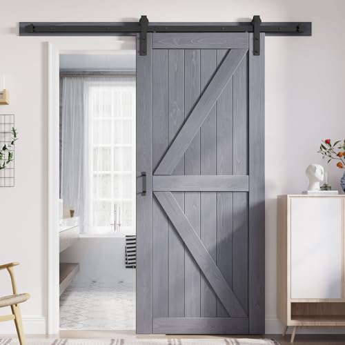Image of FREDBECK Barn Door 34 x 84 Grey Wood Interior Door, Fit 30 inch-32 inch Opening