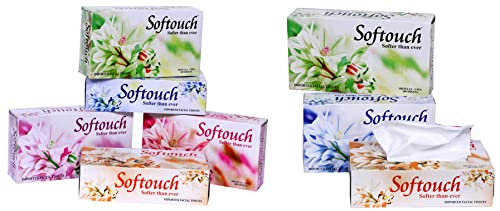 Image of Softouch 2 Ply Face Tissue-100 Pulls Each Box (200 Sheets) Pack of 5-500-1000 & SofTouch 2 Ply Face tissue paper 100 pulls 200 sheets Each Box- Set of 3 (Multicolor)