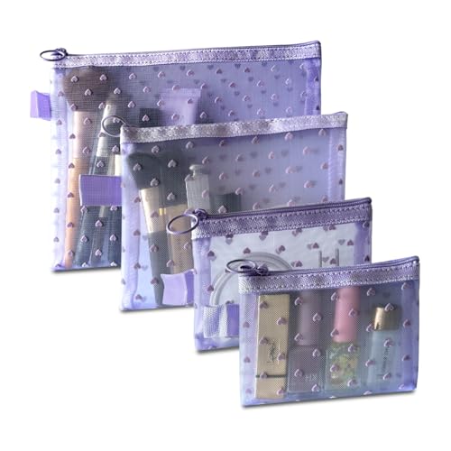 TRAKWAN 4-Piece Heart Printed Mesh Makeup Bag Set, Portable Travel Cosmetic Bags Toiletry Bags Makeup Purse Bags Zipper Storage Pouches for Home Offices Travel Accessories (Light Purple)