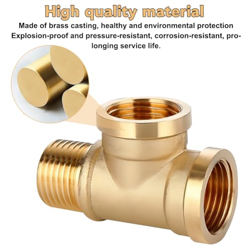 1/2 Zoll T-Stück, 2 Stück Messing T-Stück 1/2 Zoll, 1/2\ T-Stücks 90°, Gewindefitting T-stück IGxIGxAG aus Messing, Wasseranschluss Verteiler, 3 Wege T-verbindungsstück für Trinkwasser Geeignet