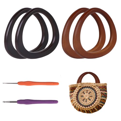 Hilltian 4 + 2 peças de alças de bolsa em forma de D com ganchos de crochê, alças de bolsa de madeira para bolsa de crochê feita à mão, suprimentos para confecção de bolsas, 2 cores