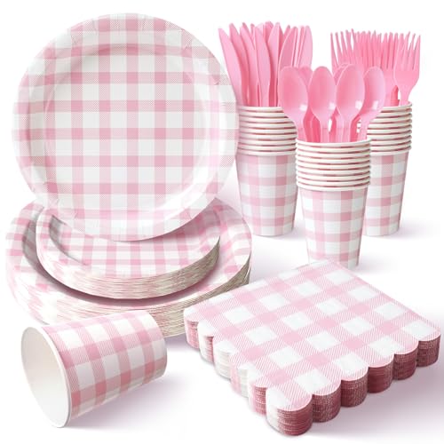 Vyntra 175 Pcs Pink & White Checkered Gingham Paper Plates and Napkins Set for 25 9 Dinner Plates & 7 Dessert Plate Baby Girl Shower Bridal Shower Birthday Party Valentines Day
