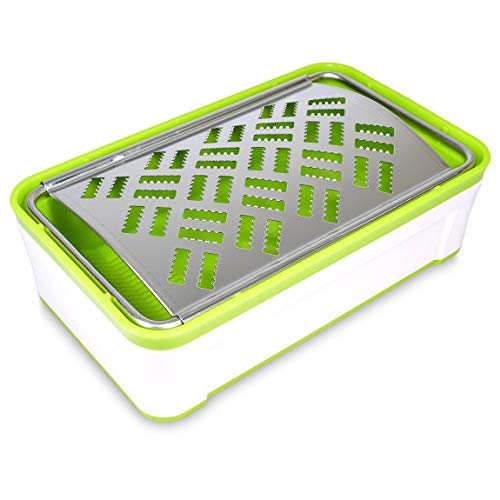 Seki Japan Box Cheese Grater with Container, 18/8 Stainless Steel Blade for Cheese, Vegetables, and Bread, Green&White