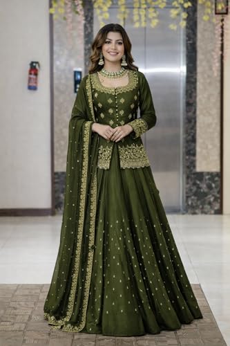 Image of Suppar Sleave Women's Chanderi Silk Embroidered Kurta Set with Lehenga Style Bottom & Dupatta | Bollywood Style Embroidery lehenga Choli Set For Woman