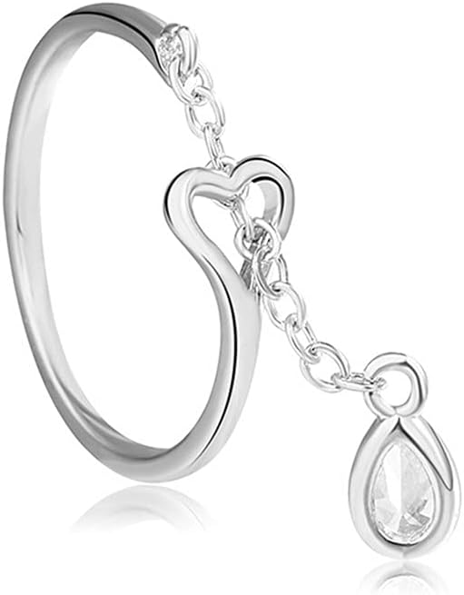 Heart Eternity Chain Statement Ring for Women 925 Silver Imitation Teardrop Diamond Adjustable Expandable Open Band Rings Wedding Promise Birthday Party Jewelry