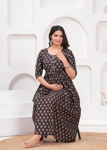 Image of Women Feeding Kurti for Women Cotton Maternity Kurta with Nursing Zip for Pre & Post Pregnancy