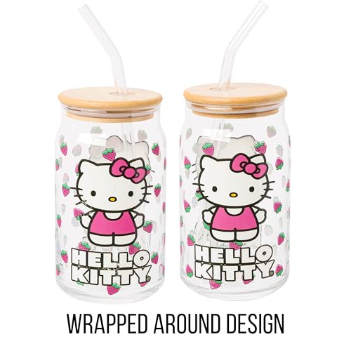 Image of Silver Buffalo Sanrio Hello Kitty Strawberry Glass Jar Tumbler with Bamboo Lid and Glass Straw,16 Ounces,(Pack of 12)