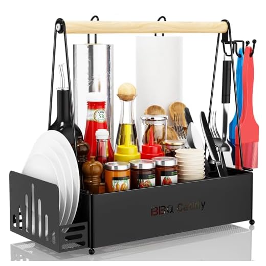 JBBTOOL Grill Caddy, BBQ Caddy for Outdoor Grill with 2 Paper Towel Holders, Picnic Condiment Utensil Caddy for Outdoor, RV, Tailgating Essentials, Grilling Accessories, Camping kitchen, Gifts for Men