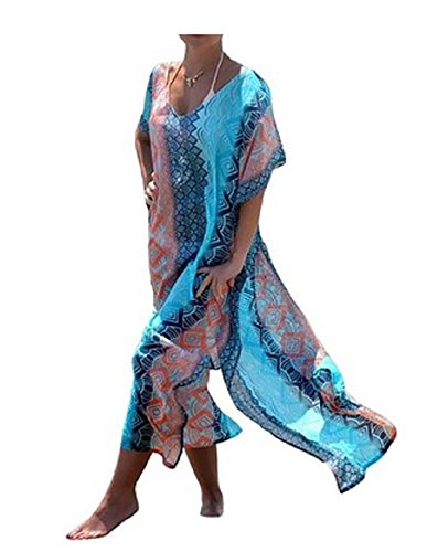 NFASHIONSO Women's Printed Long Beach Dress/Swimsuit Cover Up Blue
