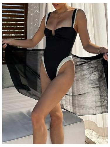 GORGLITTER Women's One Piece Swimsuit High Cut Sexy U Notch Neck Color Block Cutout Bathing Suit4