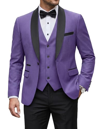 YND Men's 3 Piece Tuxedo Set with Bow Tie, Slim Fit One Button Shawl Lapel Suit Blazer Vest Pants, for Wedding Prom Dinners