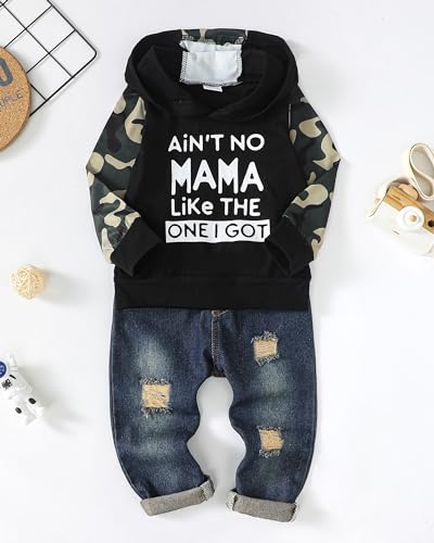 Image of Renotemy Toddler Baby Boy Clothes Denim Outfits Infant Hooded Sweatshirt Jeans Pants Little Boys Clothing