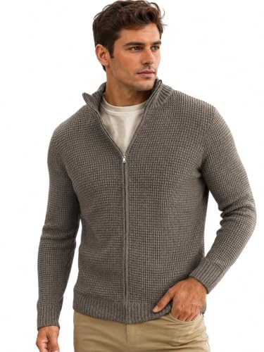 Image of TYSORT Men's Cotton Full Sleeve High Neck Full Zipper Sweater for Men, Cable Knitted Cardigan for Men