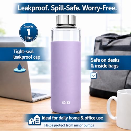 Image of Borosilicate glass water bottle with protective silicone sleeve, 1 Litre Glass bottle with sleeve, Steel Cap, BPA Free For home and office. (Lavender)