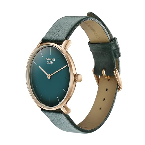 Image of Sonata Sleek Green Dial Leather Strap Analog Watch for Women-8191WL01