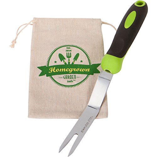 Garden Weeding Fork & Manual Weed Puller; Long Prongs and Ergonomic Handle, Includes Burlap Sack - Great Gardening Gift