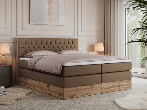 MKS MEBLE King Boxspringbett 180x200 mit Bettkasten und Kopfteil, Bonell Polsterbett mit Matratze H4 und Topper T25, Bett mit Holzrahmen in Wotan Eiche - Braun Kunstleder - Amore King