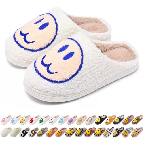 Image of Women's Men's Preppy Happy Face Slippers Comfy Warm Plush Slip-On House Slipper for Winter Indoor Soft Cushion Non-slip Fluffy Slides Slippers