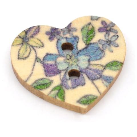 Pack of 20 Flower Print 2 Holes Wooden Heart Buttons, for Sewing, Scrapbooking, Embelishments, Crafts, Jewellery making, shabby chic, Knitting, 17x15mm Cover