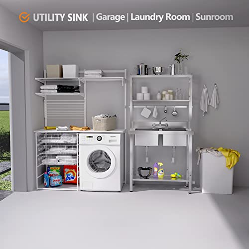 Vingli 67" 2-Compartment Commercial Sink With Shelves Over & Drying Rack Underneath, 304 Stainless Steel Sink Double Basin With Drain For Restaurant, Freestanding Utility Sink For Laundry Room, Garage #TOP2