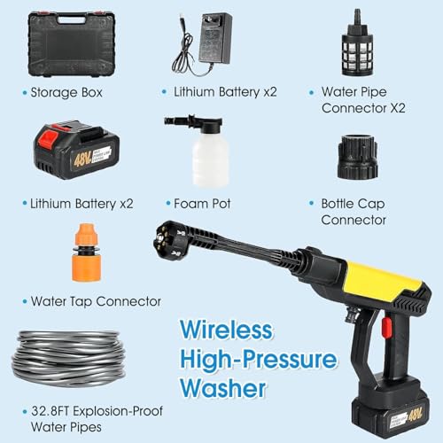 Image of TEKCOOL Cordless Portable 48V Wireless Pressure Washer Gun -12000mAh High Pressure Water Gun for Car and Bike Wash, Adjustable 6 in 1 Nozzle, 5M Hose Pipe, Double Battery Included