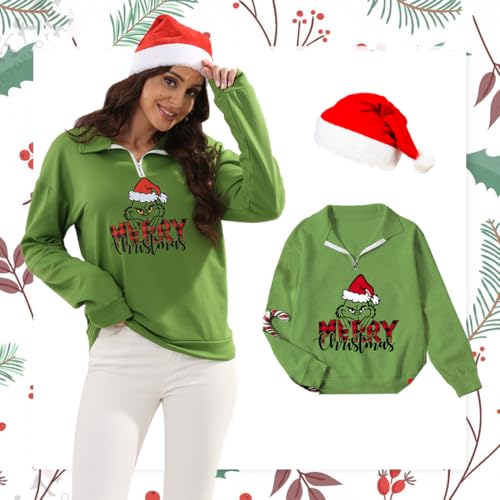 AKTOTO Novo pulôver Ugly Christmas Moletom unissex com estampa de monstro verde com chapéu de Natal,