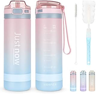 CodiCile Water Bottle with Straw, Leakproof Sports Water Bottle with Soft Handle, Masuring Markings Drinking Bottles Ideal for Sports, Bike, Running, Hiking, 600ml,PINK BLUE