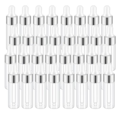 Easeen Sample Dropper Bottles, Mini Dropper Bottles with 2 Pcs Plastic Droppers for Traveling Essential Oils DIY Cosmetic Liquid Sample Perfume, Silver, 5ML-50PCS