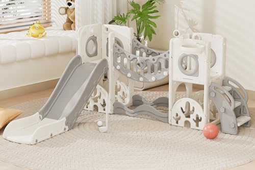 Toddler Playground Playset with Climbing Arch, Golf Set, Slide & Basketball Hoop - Outdoor Toys, Safe & Durable Plastic Garden Equipment​ (White Gray, Without Swing)