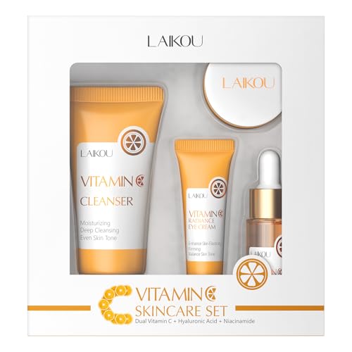 LAIKOU Set Regalo Skincare con Vitamina C 4 Pezzi (Detergente Viso 50g + Crema Occhi 15g + Siero 17ml + Crema Viso 25g) - Idratazione e Luminosità per Giovani Donne