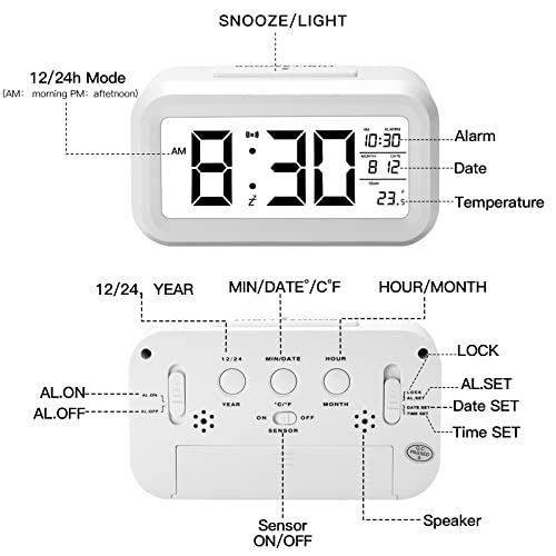 Reloj Despertador Digital, Qoosea LED Pantalla Reloj Alarma Inteligente con Función Snooze y Temperatura, Reloj Despertador Digital Pilas con Sensor de Brillo para Dormitorio/Hogar/Oficina/Cocina