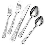 Yoehka 60-Piece Hammered Silverware Set for 12, Stainless Steel Flatware Set with Tree Pattern Handles, Mirror Polished Cutlery/Utensils Set for Home, Restaurant, Hotel, Dishwasher safe