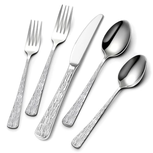 Yoehka 60-Piece Hammered Silverware Set for 12, Stainless Steel Flatware Set with Tree Pattern Handles, Mirror Polished Cutlery/Utensils Set for Home, Restaurant, Hotel, Dishwasher safe by Yoehka - Used condition - US$23.64
