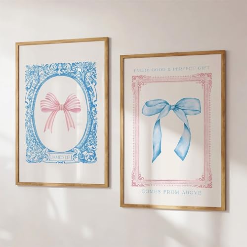 Preppy Bow Wall Art Decor Set of 2 Coquette Canvas Wall Decor Aesthetic Pictures Trendy Girly Wall Art Pink Blue Bow Prints Christian Bible Verse Poster for Bedroom Living Room 12x16 Inch Unframed