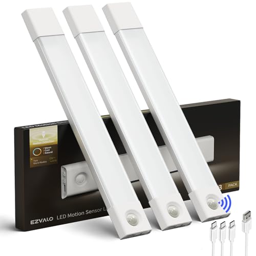 EZVALO 3 Pack 11.8'' Under Cabinet Kitchen Lights, Motion Sensor 50 LED Rechargeable, Dimmable 3 Color Temps, Magnetic Under Cupboard Lights for Wardrobe Pantry Bedroom