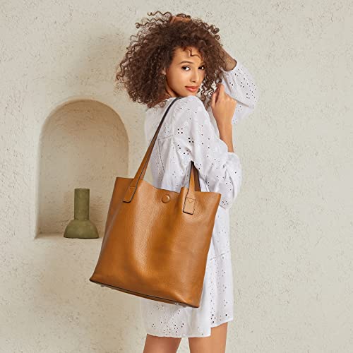 S-ZONE Soft Genuine Leather Tote with Canvas Pouch #TOP17