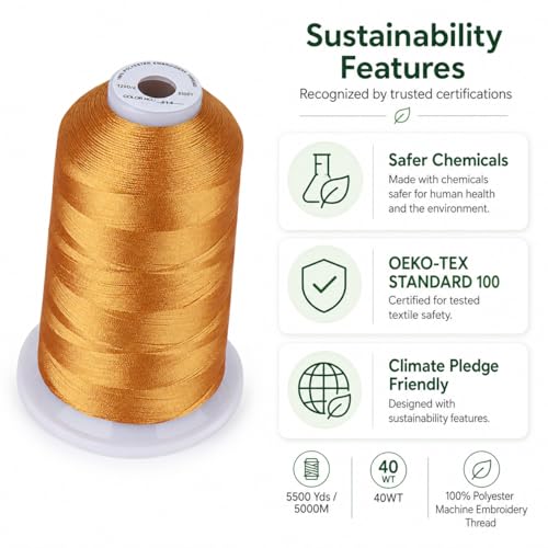 Image of Simthread 5500Yds /5000M 40WT Polyester Embroidery Thread Deep Gold 214 | High-yardage 5000M spool offers smooth feeding and stable 40WT polyester thread for home and commercial embroidery machines.