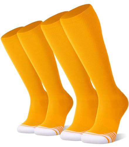 FITRELL 2 Pack Baseball Soccer Softball Socks for Kids Youth Men & Women Over-the-Calf Knee High Socks nfl Gold/Yellow Small