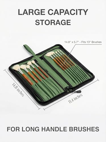 Image of Long Brush Holder & Organizer, Canvas Case 5.7 x 14.8 in, Green | 15 Slots Zipper Paint Brush Case for Brushes up to 13 in Length, Artist Long Handle Brush Art Case (Brush Not Included)