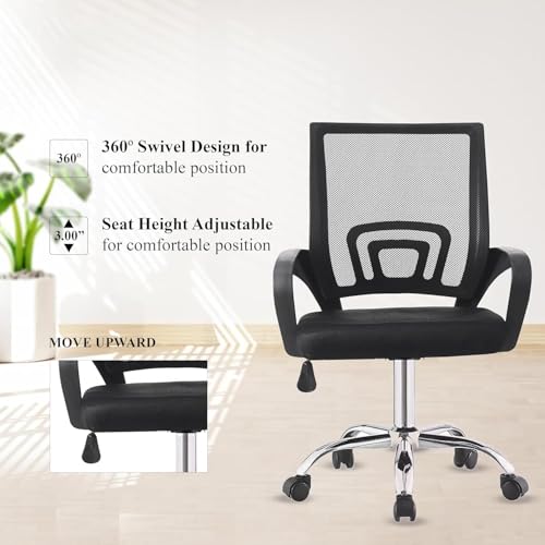 Image of NORMAN JR, Ergonomic Desk Chair Mesh Computer Chair with Lumbar Support Armrest Executive Rolling Swivel Adjustable Mid Back Chair - Solid Black & Black Handle